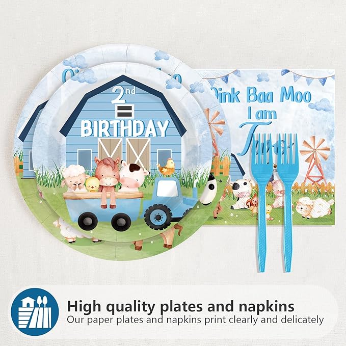 96Pcs Oink Baa Moo Im Two Party Supplies Farm Animal 2nd Birthday Plates and Napkins Farm House Animal Barnyard Theme Tableware Set for Boy Girl 2 Year Old Birthday Party Supplies，Serves 24