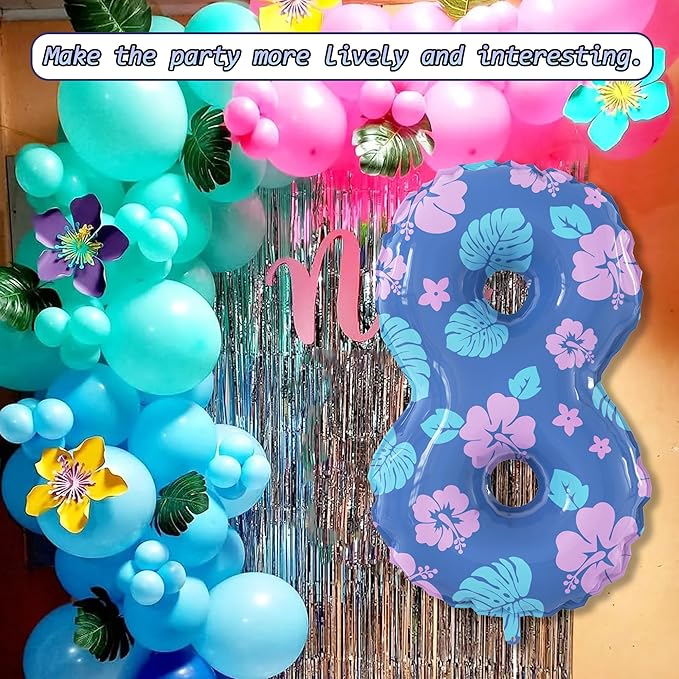 40 Inch Number 8 Balloon Leaf and Flower Birthday，8th Birthday Decorations for Kids' Parties Hawaii Party Supplies Favor Pink and Blue