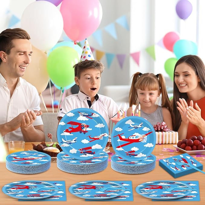 Qyeahkj 50 Guests Airplane Party Plates and Napkins Tableware Set Plane Birthday Party Supplies Blue Helicopter Dinnerware Favors Decorations for Baby Shower Boys Kids