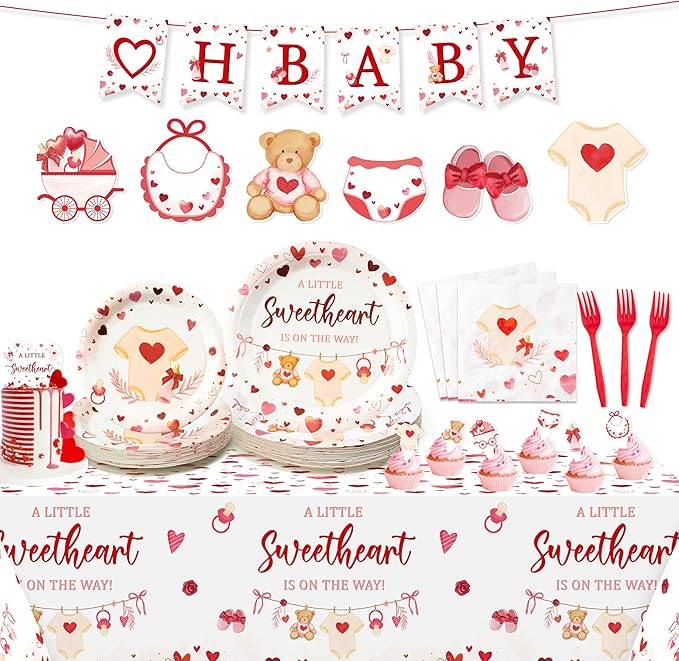 A Little Sweetheart Is On The Way Baby Shower Party Decoration Set - Serves 24 - 112Pcs Bear Tableware Disposable Plate Napkin Tablecloth Banner Card for Birthday Party Supplies