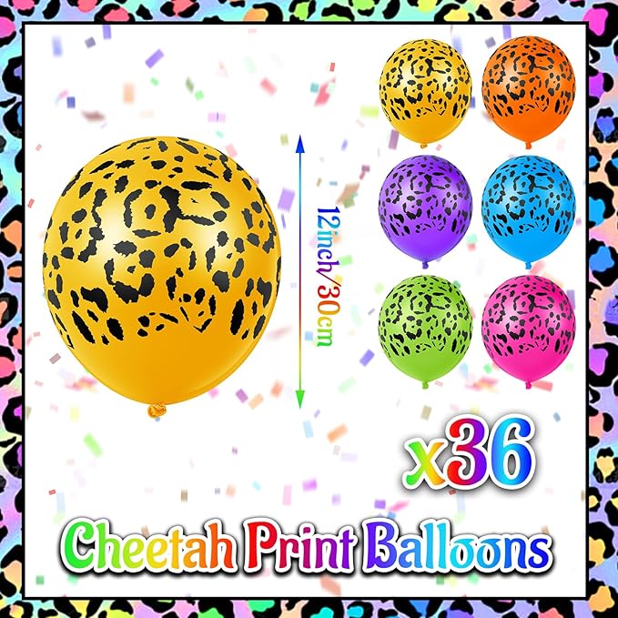 Gejoy 36 Pcs Colorful Neon Cheetah Balloons Leopard Print Balloons 12 Inch Spots Latex Leopard Jungle Animal Decorations for Cheetah Zoo Theme Birthday Party Supplies