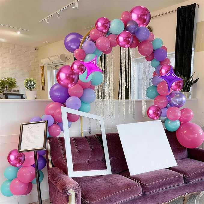 Pink Purple Blue Balloons, 62 Pcs 12 Inch Hot Pink Purple Teal Latex Balloons Violet Turquoise Silver Helium Balloon with Star Foil Balloon for Kids Magic Theme Mermaid Cartoon Birthdays Baby Shower