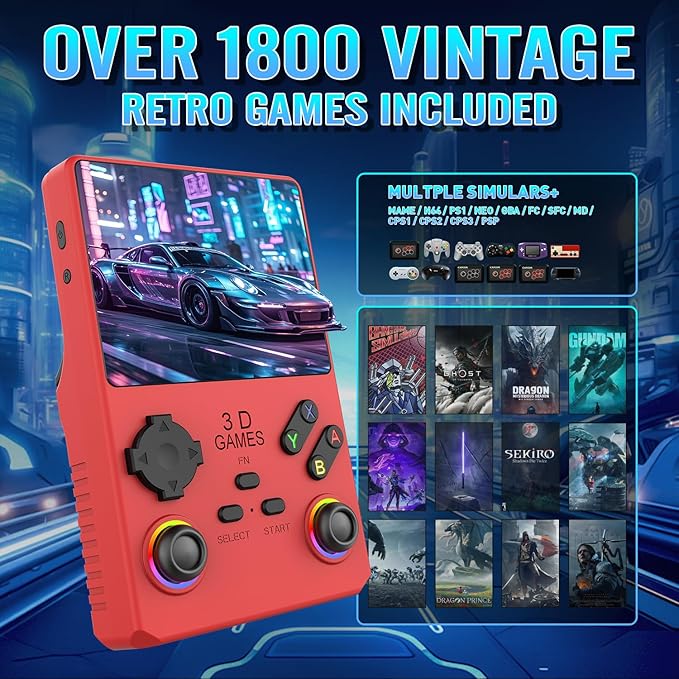 Hugawello R40 PRO Handheld Device, 35000 in 1 high-Definition Gaming mini Retro Video Console, 3.5-inch IPS Screen, 256GB RAM, 45 Built-in emulators, 3800mAh Battery (red 256GB)