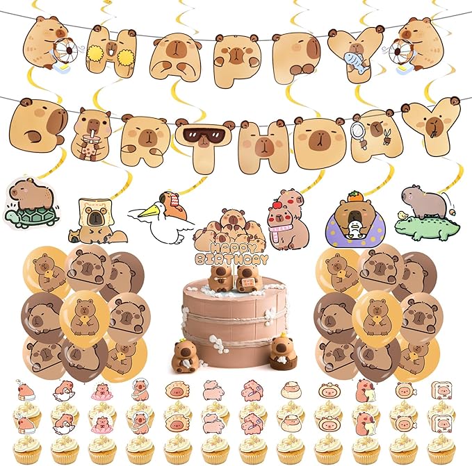 Capybara Theme Birthday Party Decorations, Birthday Party Supplies Decorations Set Include Banner, Balloons, Cake Toppers and Cupcake Toppers for Home Classroom Decor