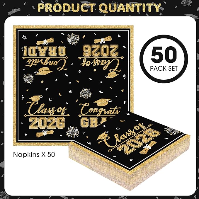 50 Pcs Graduation Napkins Class of 2026 - Black Gold Congrats Grad Napkins Set, 3-Ply Disposable Graduation Luncheon Dinner Party Paper Napkins for Graduations Party Supplies Table Decoration