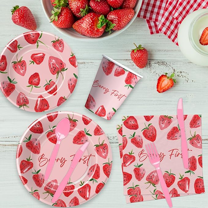 Strawberry Berry First Birthday Party Supplies - Strawberry 1st Birthday Party Decorations Tableware, Plate, Cup, Napkin, Fork, Serve 24