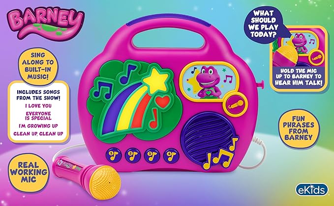 eKids Barney Karaoke Microphone with Boombox, Toddlery Toys with Built-in Music for Kids (Barney)