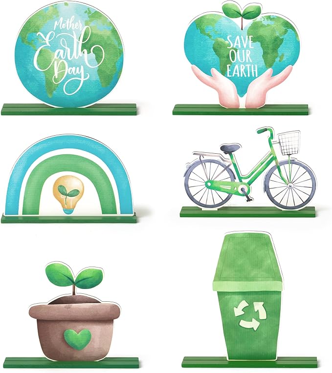 6Pcs Earth Day Wooden Centerpieces Decoration, Watercolor Environmental Protection Wood Tiered Tray Centerpieces, Green Table Topper Decor Happy Earth Day Supplies for Home Office Desk Shelf