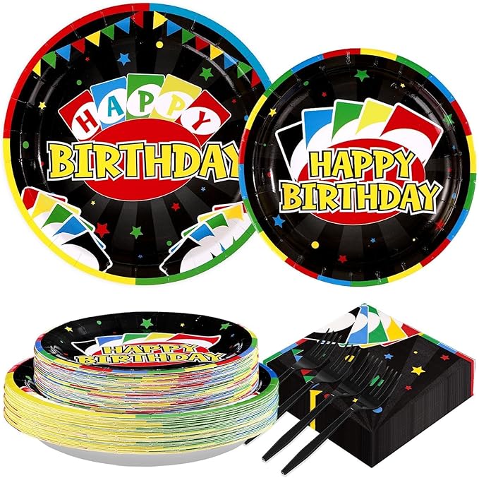 200Pcs Card Game Birthday Party Supplies Colorful Play Card Party Plates and Napkins Disposable Game Night Tableware Set for Adults Boys Cards Games Themed 1st Birthday Supplies, Serves 50