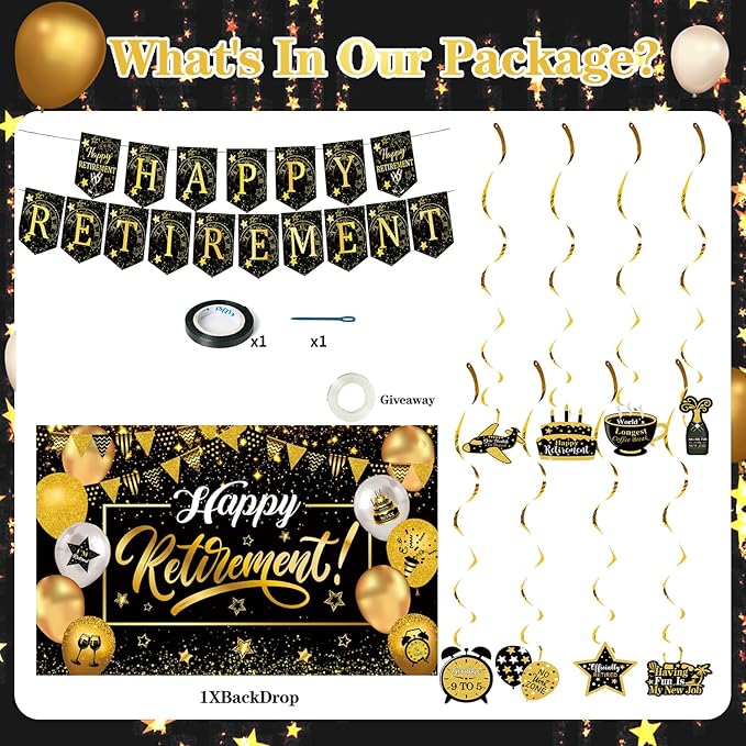 Happy Retirement Party Decorations for Men Women, Black and Gold Happy Retirement Banner, 71x43 Inch Retired Backdrop, 8pcs Hanging Swirls, Farewell Party Supplies
