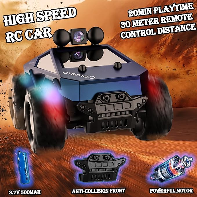 RC Car with Camera, 1/28 RC Monster Truck Toys with 720P HD FPV Camera, High Speed All-Terrain Remote Control Car, Racing Vehicle with Blinking Body Lights for Adults, Kids, Boys, Dual Control Modes