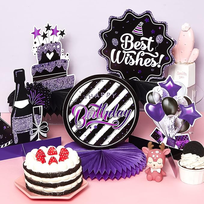 Clabby 12 Pcs Purple Black Birthday Decorations Purple Happy Birthday Table Centerpieces Honeycomb Cute Table Top for Women Men Photo Best Wishes Anniversary Party Supplies 20th 30th 40th 50th 60th