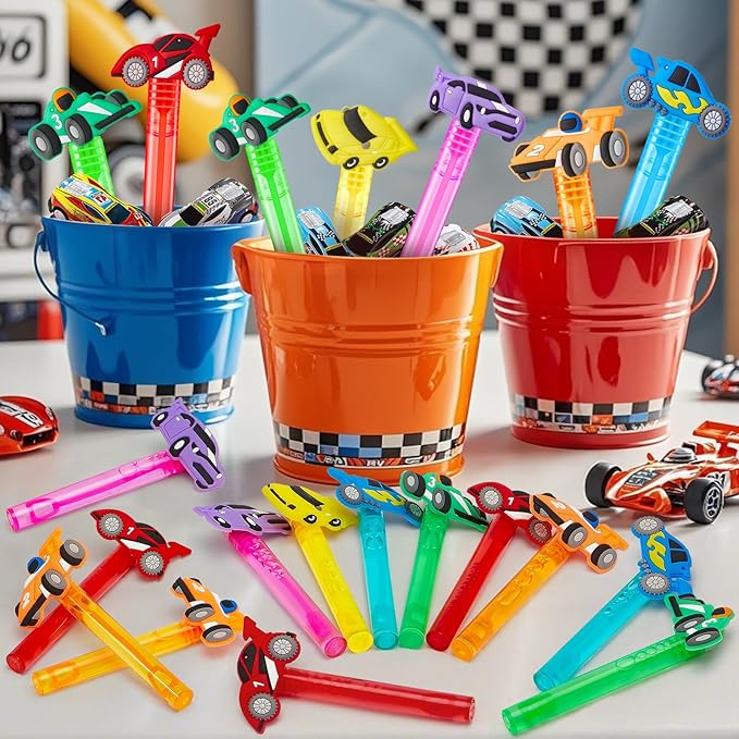 Winrayk Race Car Party Favors, 24Pcs Cars Themed Mini Bubble Wands for Kids Bubbles Bulk with Detachable Topper (6 Styles & Colors), Summer Pool Beach Birthday Supply Goody Bag Stuffer Classroom Prize