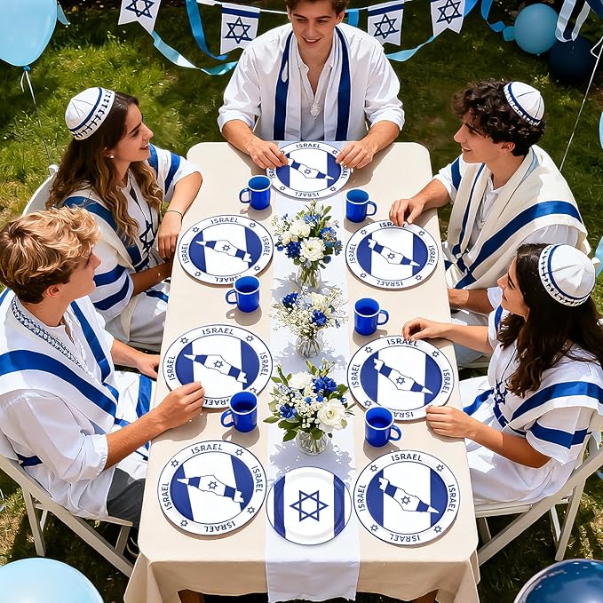 96Pcs Israel Flag Party Supplies Israeli Flag Plates and Napkins Blue and White jewish Flags Tableware Set for Israeli Independence Day Jewish Patriotic Holiday Party Supplies，Serves 24