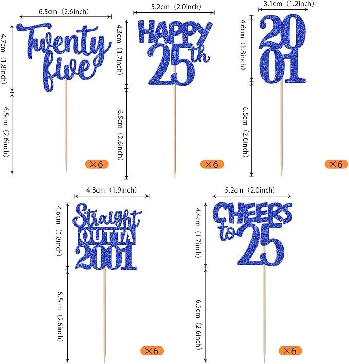 30 PCS 25th Birthday Cupcake Toppers Glitter Twenty Five Happy 25 Straight Outta 2001 Cupcake Picks for Cheers to 25 Fabulous 25th Birthday Anniversary Party Cake Decorations Supplier Blue