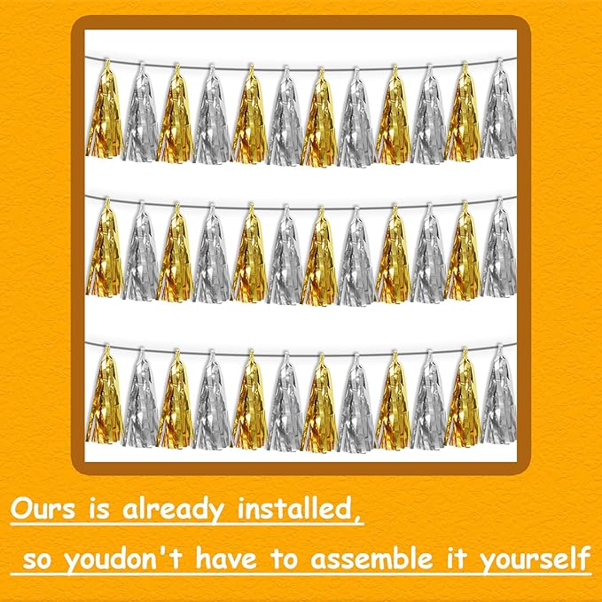 3P Gold Silver Metallic Fringe Tassel Banner Garland Foil Tinsel Streamer Wall Hanging Curtain Backdrop Banner for Parade Floats, Graduation Decorations, Father' Day, Halloween, Christmas Decorations