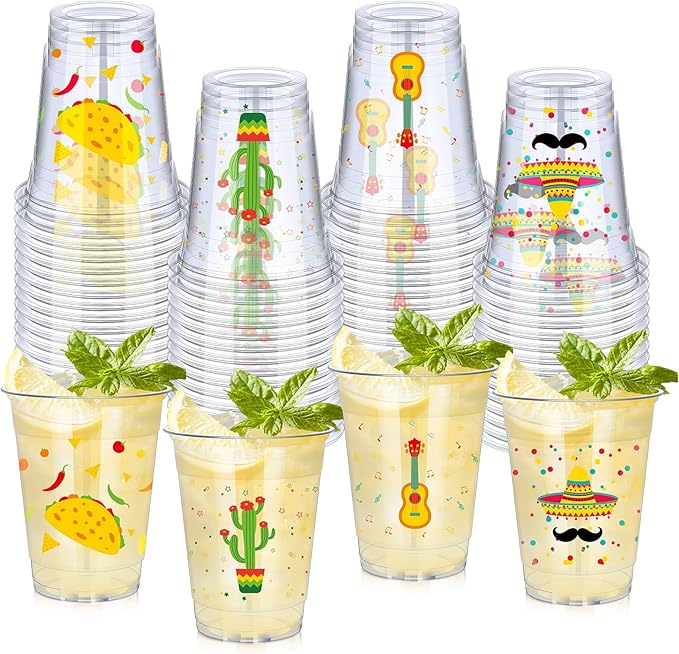 meekoo 100 Pcs 12 oz Fiesta Cup Plastic Mexican Cup Clear Disposable Margarita Glasses Cinco De Mayo Party Decorations for Tequila Birthday Party Drinkware Taco Supplies, 4 Style