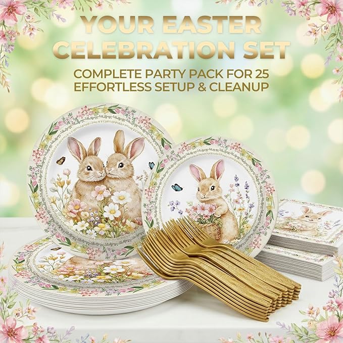100 Pcs Easter Bunny Tableware Party Supplies, Serves 25, Disposable Vintage Floral Bunny Paper Plates, Napkins, and Gold Forks, Spring Dinner, Birthday, Easter Day Brunch Party Decorations