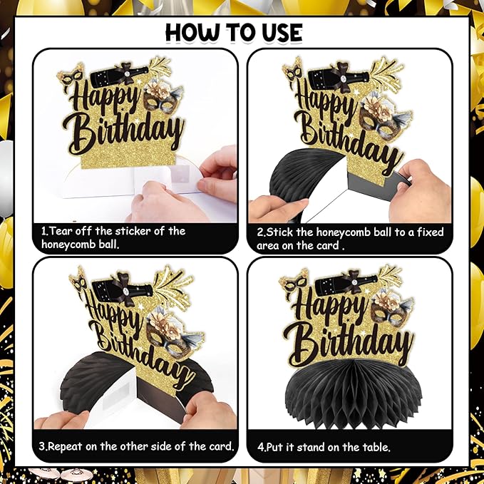 JOYMEMO 8 Pieces Masquerade Birthday Honeycomb Centerpieces Black Gold - Masquerade Ball Themed Party Decorations for Women, Carnival Dance Table Toppers Photography Background Supplies