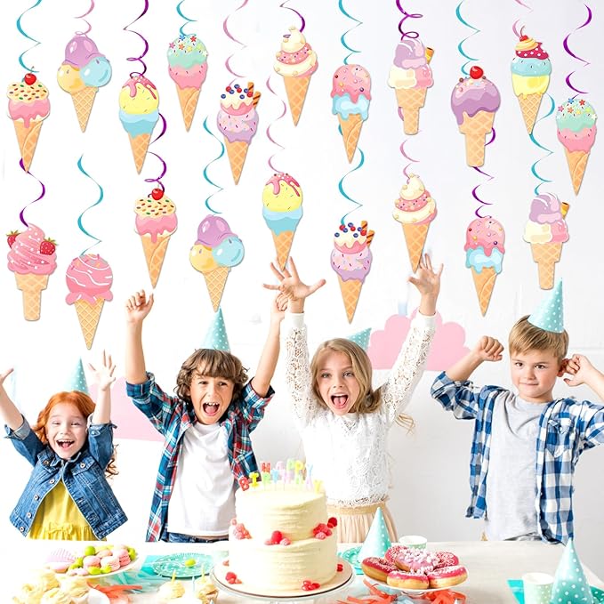 Chunnin 58Pcs Ice Cream Party Hanging Swirls Ice Cream Birthday Party Decoration Summer Creams Theme Ceiling Streamers Colorful Swirl Dessert Cone Streamers for Christmas Holidays Baby Shower Supplies