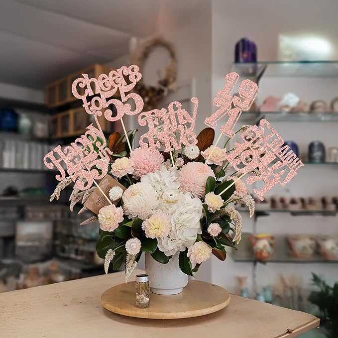Gyufise 15Pcs Happy 55th Birthday Centerpiece Sticks Fifty Five Straight Outta 1971 Table Flower Centerpieces Sticks Cheers to 55 Decorations for 55th Birthday Party Supplies Rose Gold