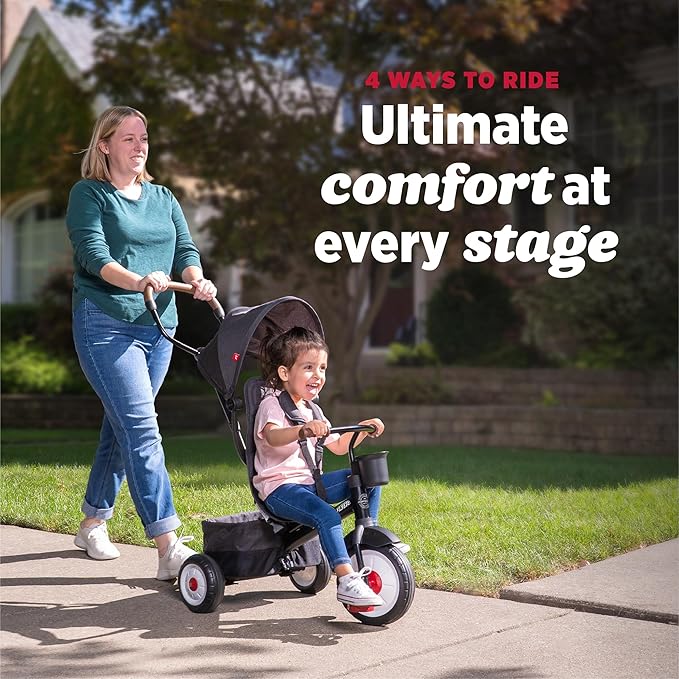 Radio Flyer City 4-in-1 Stroll 'N Trike, Red, for Riders 1-5 Years Old, 4 Riding Modes, 3 Point Harness with Comfort Pad, Parent Controlled Steering, Rear Storage, Stroller Tricycle for Toddlers