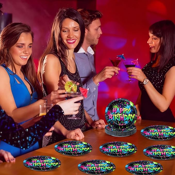 60PCS Neon Birthday Party Plates Glow Happy Birthday Party Supplies 7Inch Neon Dessert Plates Tableware Supplies Disposable Glow in the Dark Colorful Graffiti Dinnerware for K-Pop Parties Favors