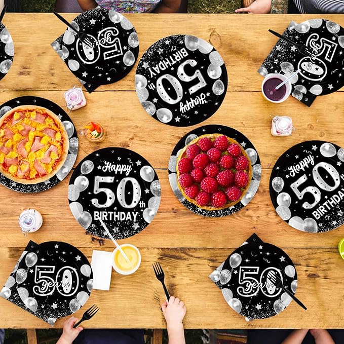 96Pcs Happy 50th Birthday Party Supplies Black and Silver 50th Plates and Napkins Tableware Sets Back in 1975 Birthday Party Decorations for Men Women Cheers to 50 Years Favors Decor Serves 24