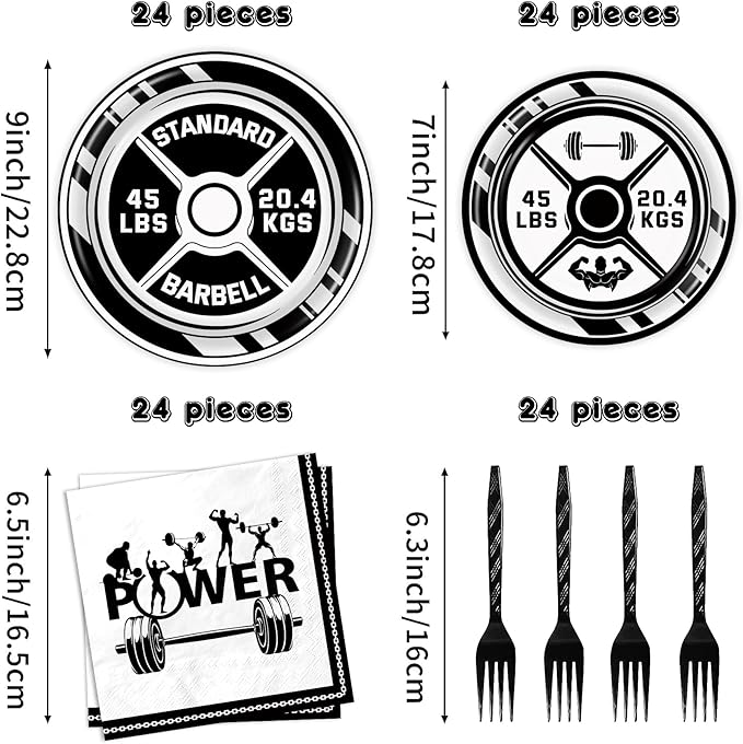 BQC 96 Pcs Gym Party Plates & Decorations - Birthday Party Supplies & Favors