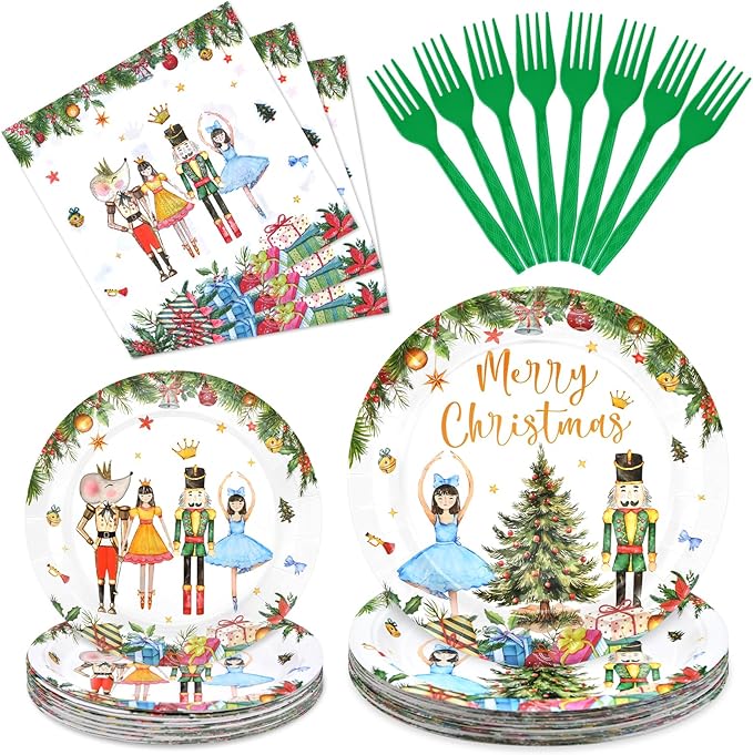 96 Pieces Christmas Ballet Party Tableware Set – Festive Disposable Dinnerware with Paper Plates, Napkins, and Plastic Forks – Winter Fairy Tale Theme for Christmas Birthdays Parties – Serves 24