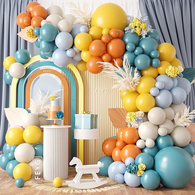 Retro Blue Mustard Yellow Balloon Arch Kit, Here Comes Balloon Garland with Slate Blue Yellow Retro Orange Birthday Party Balloon for Sunshine Baby Shower Birthday Bridal Wedding Party Decoration