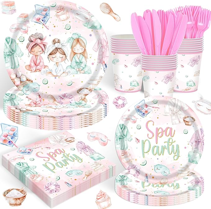 120PCS Spa Party Supplies Pink Makeup Themed Birthday Party Decorations for Girls Child Kids Slumber Sleepover Pajama Tableware Set Plates Napkins Cups Forks Knives for 20 Guests