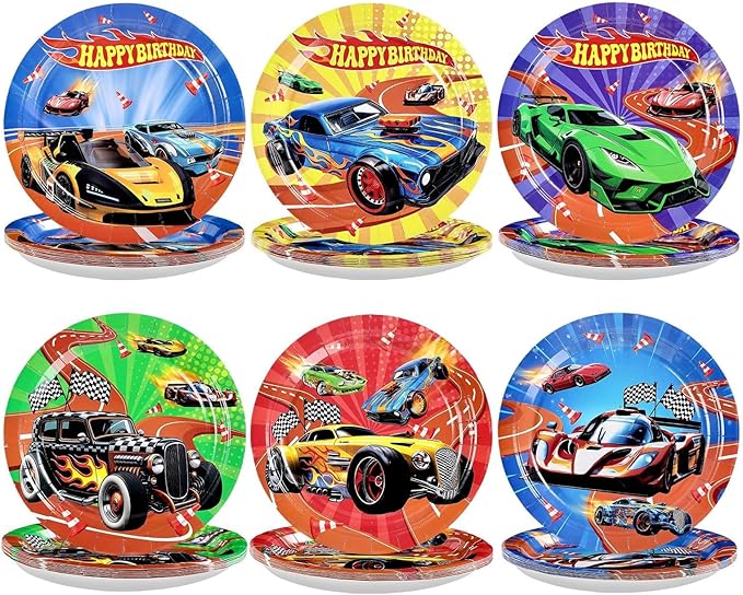 Grencian 60Pcs Hot Car Birthday Party Paper Plates 9" Heavy Duty Disposable Racing Car Dessert Platters Plates Hot Cars Decorations for Boys Kids Birthday Race Sports Game Themed Party Decoration