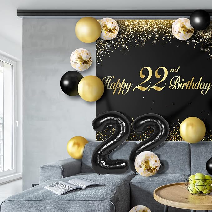 Happy 22nd Birthday Balloons Black Set Decor - Cheers to 22 Years Old Party Theme Garland Banner Backdrop Decorations For Women and Men Supplies