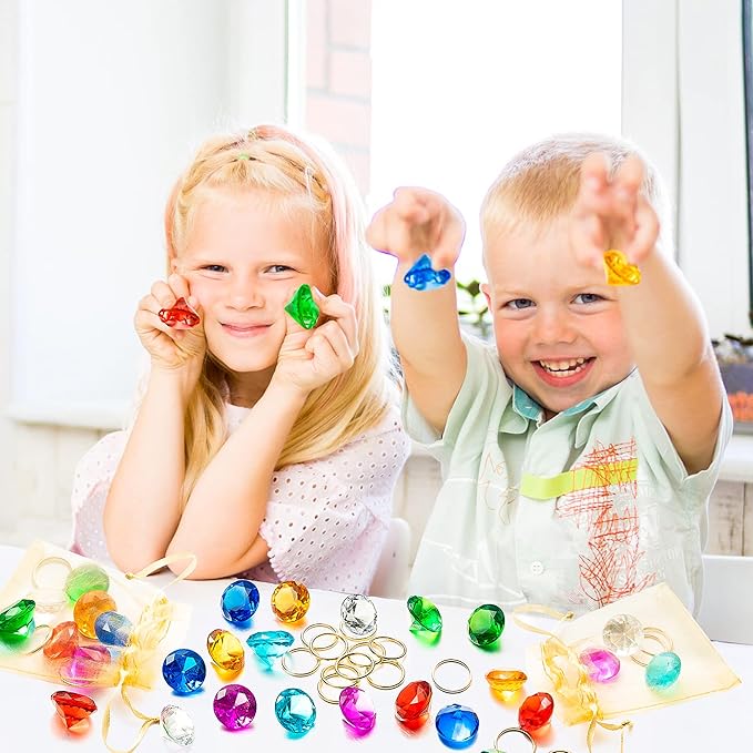 PANTIDE 78Pcs Acrylic Diamond Gems Jewels Alloy Gold Round Ring Set the Blue Hedgehog Chaos Emeralds Power Rings Party Favor Supplies Cake Decoration Pirate Treasure Chest Hunt with Bag