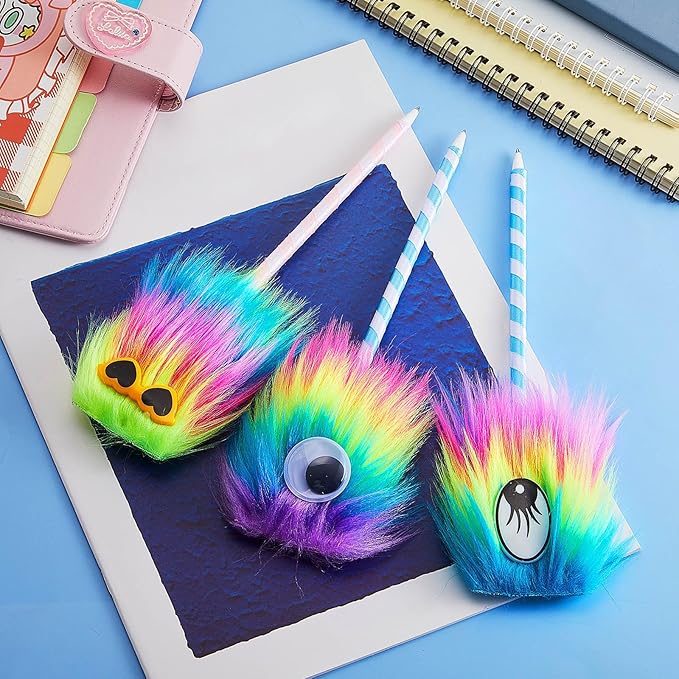 Outus 32 Pieces Rainbow Fluffy Monster Pens Cute Fun Pen for Monster Party Favors School Office Birthday Carnival Party Favor Supply