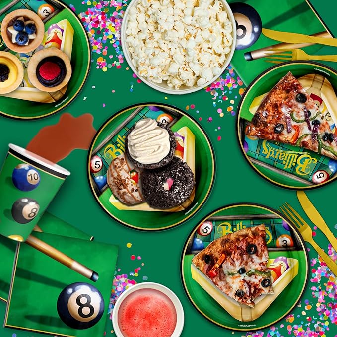Billiards Party Supplies - Pool Table Plates and Napkins - Adult Birthday Supplies - Father's Day Tableware Set Includes Plates Napkins Cups - Kit for 16