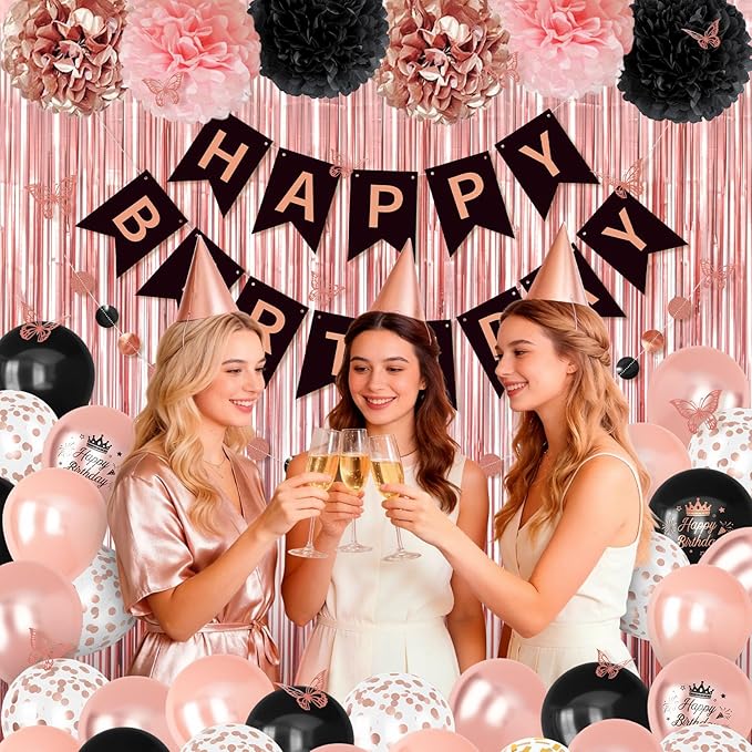 Rose Gold and Black Birthday Decorations for Women Girls, Pearl Rose Gold Black Metallic Printed Balloons Butterfly Stickers Fringe Curtain Happy Birthday Banner Circle Dot Paper Pompom Party Supplies