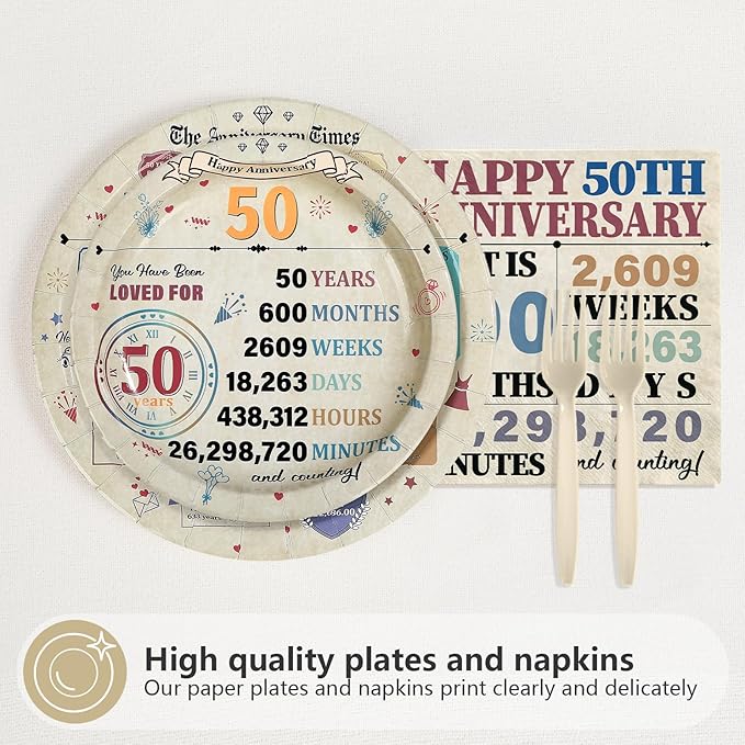 96Pcs 50th Anniversary Party Decorations Retro 50 Years Wedding Aday Plates and Napkins Golden 50th Anniversary Disposable Tableware Set for Vintage 50 Year Wedding Party Supplies Serves 24