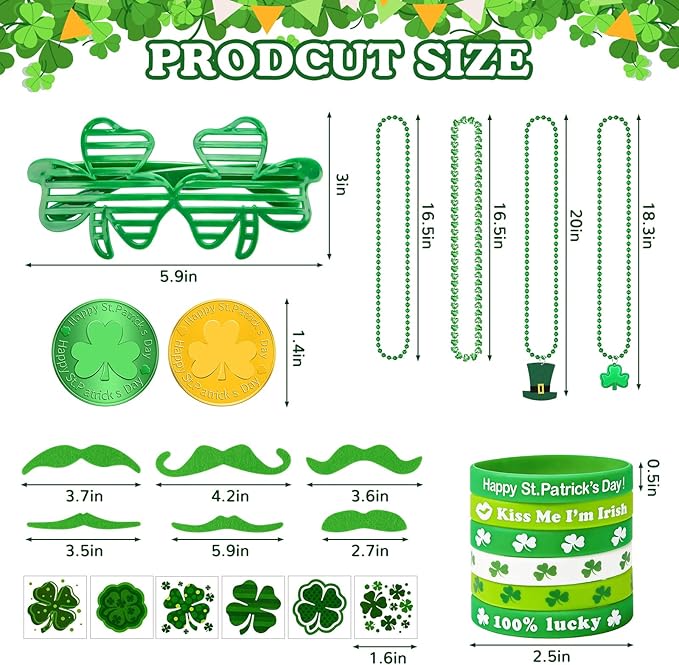 174 Pcs St. Patrick's Day Accessories Party Favor Set, Include Shamrock Glasses, Green Beads Shamrock Necklaces, Tattoos, Mustache, Bracelets, Coins, St Patricks Day Decorations Irish Party Supplies