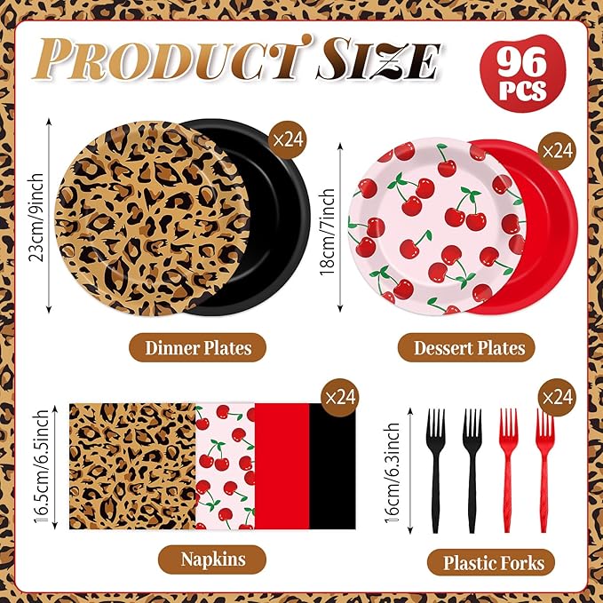 96Pcs Leopard Birthday Party Decorations Paper Red and Black Plates and Napkins Themed Cherry Cheetah Print Dinnerware Tablewares for Women Girls Bachelorette Party Supplies Serve 24 Guest