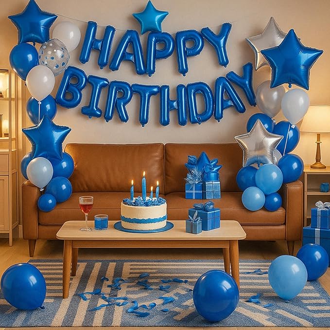 29PC Blue Happy Birthday Balloon Banner, 16 Inch 3D Aluminum Letter Banner Sign, Metallic Silver Pearl Dark Blue Confetti Balloons 18 Inch Star Foil Balloons for Women, Men Party Supply