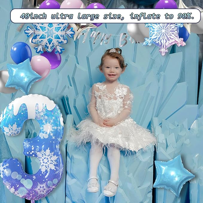 40 Inch Frozen Balloons number 3 Birthday Balloon,2 Giant snowflake foil balloons, 2 blue and silver star foil balloons Frozen Theme Party Supplies Winter Party Decoration For Girl's Birthday