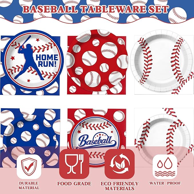96 Pcs Baseball Plates and Napkins Tableware Set (Serve 24), Baseball Birthday Party Decorations, Party Supplies Include Plates Napkins Plastic Forks for Party