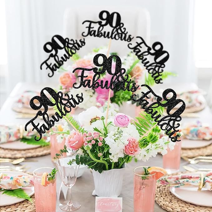 12 PCS 90 and Fabulous Centerpiece Sticks Double Sided Happy 90th Birthday Table Flower Centerpieces Sticks Cheers to 90 Floral Decorations for 90th Birthday Anniversary Party Supplies Black