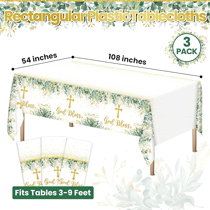 3Pcs God Bless Baptism Tablecloth First Communion Holy Tablecloth Decorations Mi Bautizo Christening Table Cover Disposable Tablecloths for Boys Girls Newborn Baby Shower Party Supplies 54 x 108 inch