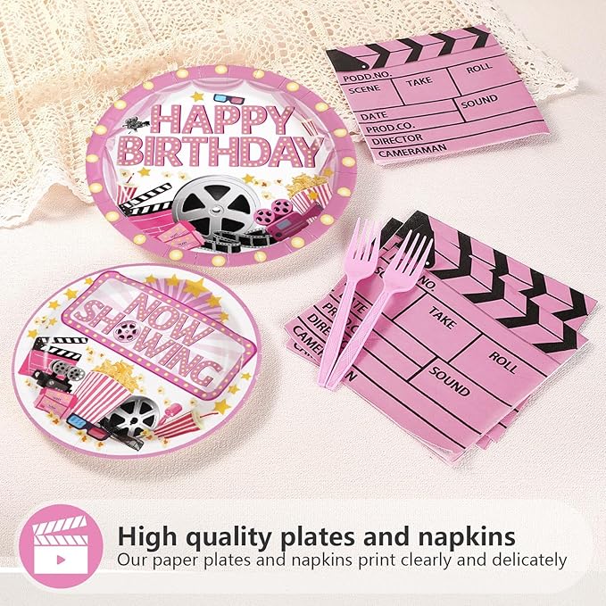 Grencian 96Pcs Movie Night Party Decorations Pink Movie Plates and Napkins Disposable Camera Popcorn Theater Paper Tableware for Girls Film Festival Birthday Film Theme Party Supplies, Serves 24