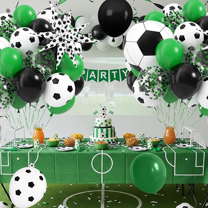 Football Balloons, 12 Inch Soccer Balloons with Green Black White Latex Soccer Printed Star Foil Balloons With Ribbons for Football Sport Theme Party Decorations Birthday Supplies