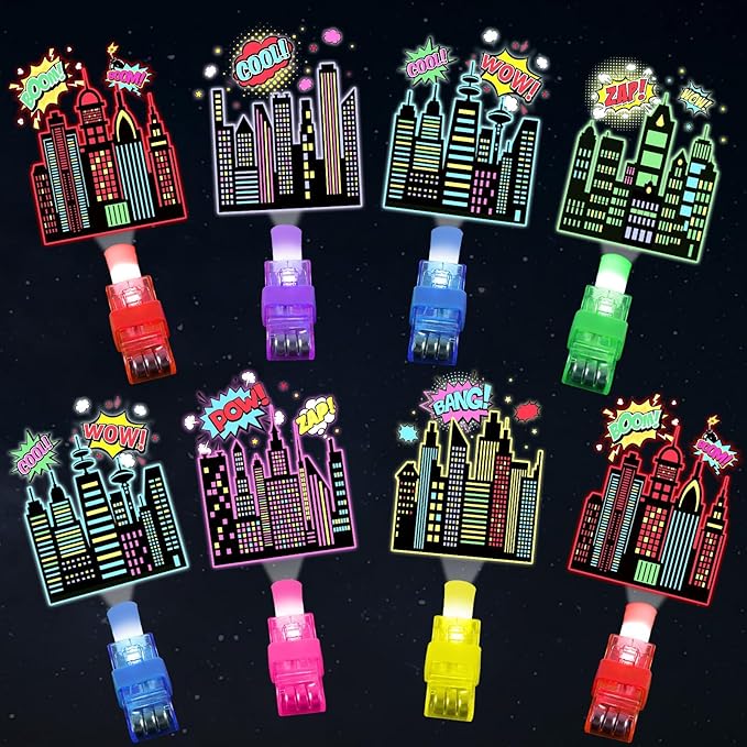 36Pcs Super Theme Hero LED Finger Lights Hero Party Favors Glow in the Dark Light Up Finger Lights City Themed Toys Bulk for Super Birthday Party Goodie Bag Stuffer Birthday Gifts Classroom Prize