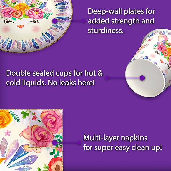 Bunny Rabbit Floral Birthday Party Supplies - Easter Bunny Party Supplies - Floral Party Supplies - Spring Party Supplies - Easter Party Tableware Set Includes Plates Napkins and Cups | Kit for 16